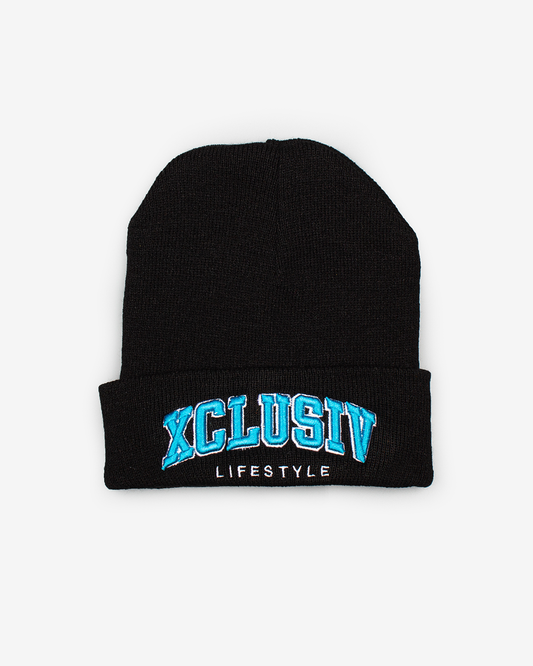 XCLUSIV BLACK AND BABY BLUE VARSITY BEANIE - Xclusiv Clothing Company